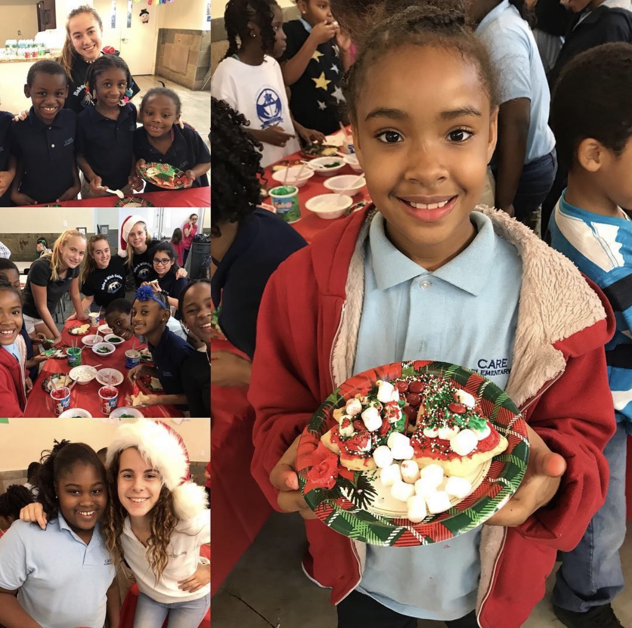 Collage of children and volunteers at holiday celebrations with decorated treats